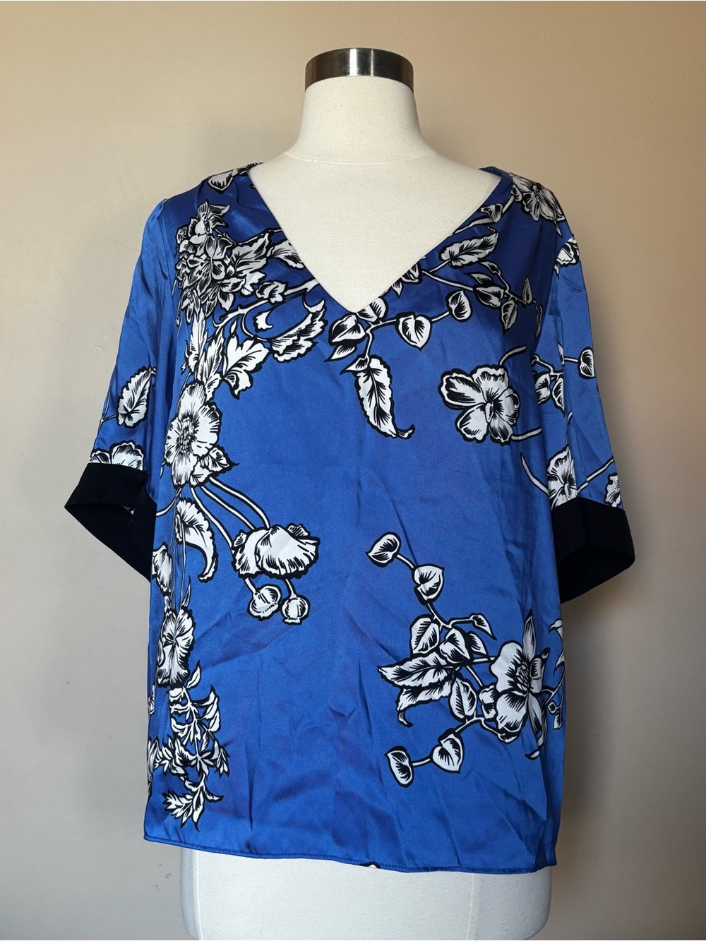 Blue Floral V-Neck Blouse with Black Contrast Cuffs